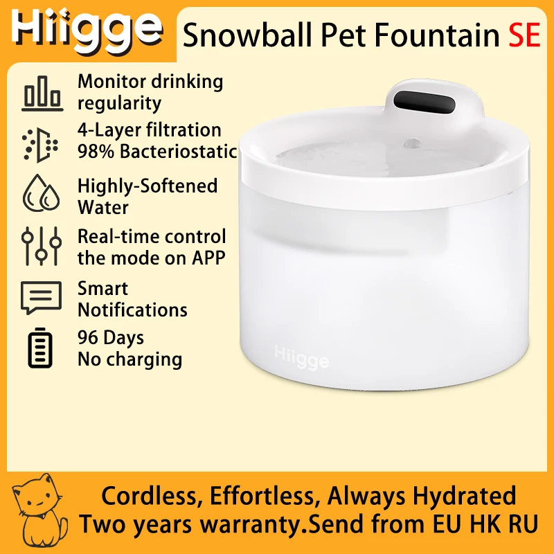 Hiigge Cat Water Fountain SE 70mai Wireless Automatic Pet Drinker for Dog Cordless Water Dispenser with data analysis
