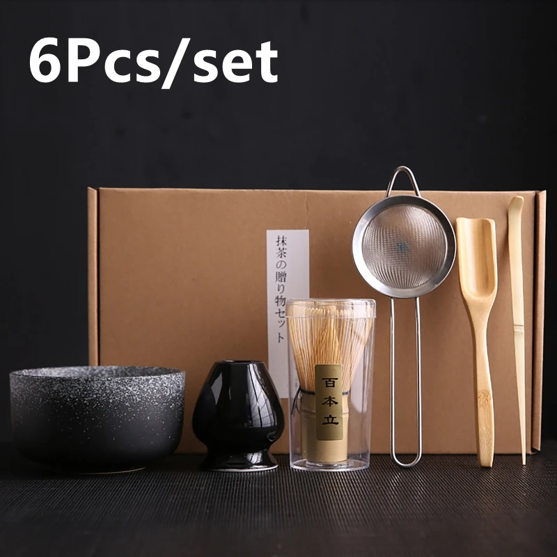 6Pcs/set Tea Whisk Brush Set Bamboo Matcha Whisk Scoop and Holder Matcha Bowl with Strainer Japanese Matcha Ceremony Accessory