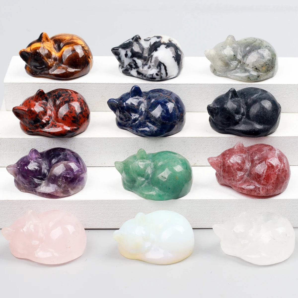 Various Crystal Energy Stones Carved Cats Rose Quartz Kitten Figurine, Natural Stone, Jade Mini Sleeping Cat, Chakra, Home Decor