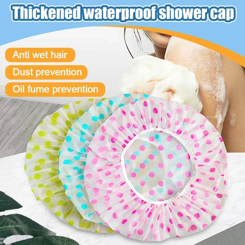 3Pcs Women Shower Cap Waterproof Wide Elastic Band Reusable Bashroom Cap Fashion Wave Point Shower Hat Bathroom Accessories