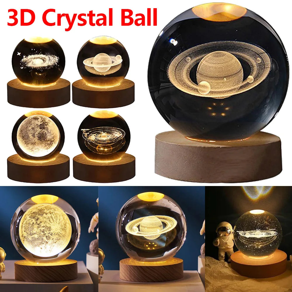 Crystal Ball Night Lights USB LED Glowing 3D Saturn Planet Galaxy Moon Table Lamp Home Decoration Atmosphere Lamp Christmas Gift