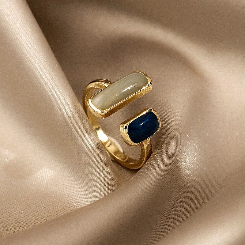 FTCY Square Blue Drip Glaze Ring For Women Retro Geometric Gold Color Metal Opening Rings Wedding Birthday Women's Jewelry Gift