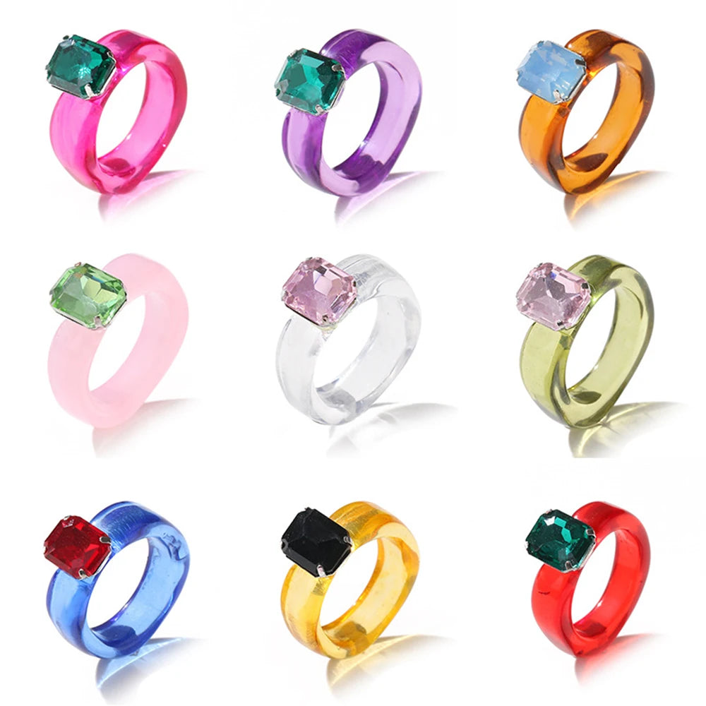 2024 Trend Colorful Women's Resin Mood Ring Vintage Simple Acrylic Rings With Rhinestone Geometric Hip Hop Plastic Rings Jewelry