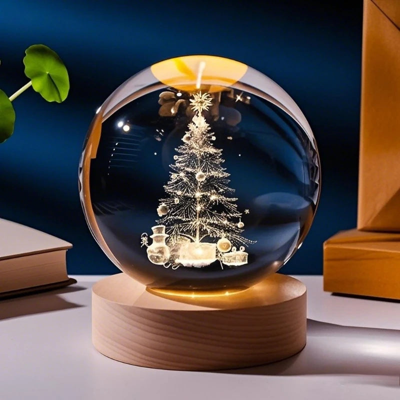 USB Charging Crystal Ball with Wooden Base 3D Elk Christmas Tree Creative Desktop Decoration Light Laser Carving Children's Gift