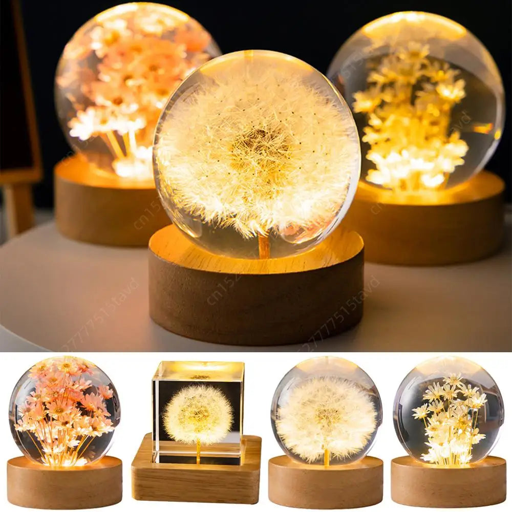 Flower Crystal Ball Night Light Forever Flowers Crystal Ball Light Round Ball Night Lamp Gifts for Men Women Kids Boys Girls