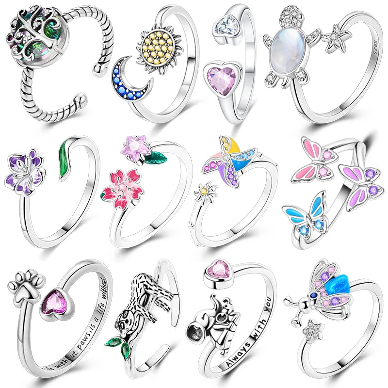 925 Sterling Silver Rotating Flower Windmill Heart Opening Ring Unique Design Romantic Elegant Jewelry Birthday Wedding Gift