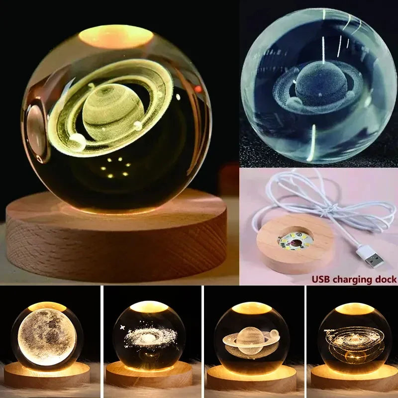 USB Powered Galaxy Crystal Ball Lamp 3D Illuminated Moon Light For Home Bedroom Desk Tabletop Decoration Night Light
