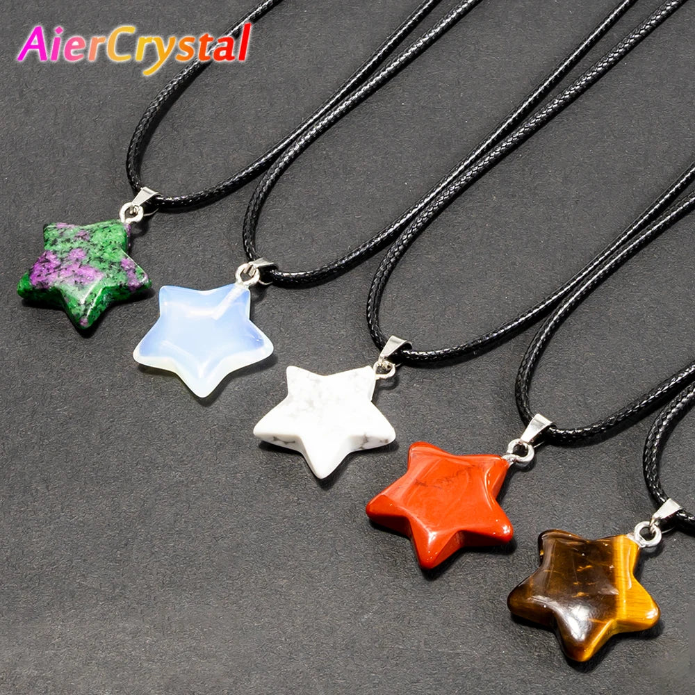 Natural Stone Five Point Star Pendants Crystals Necklaces Healing Rose Quartz Fluorite Lapis Amethyst Pendulum Chakra Jewelry