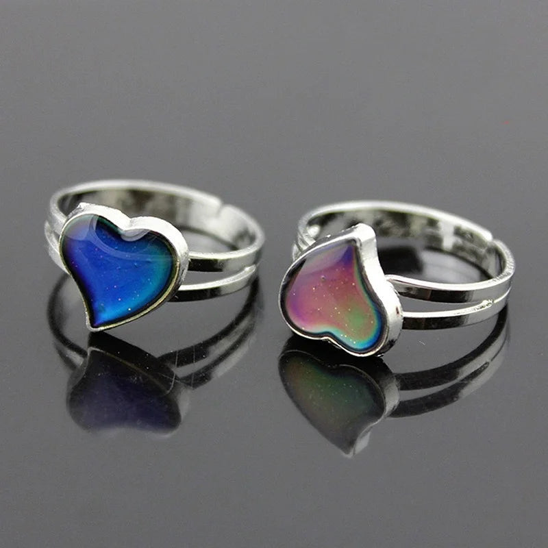 1Pcs Big Love Heart Mood Color Changing Silver Heart Shaped Mood Ring Adjustable Rings for Women 2023
