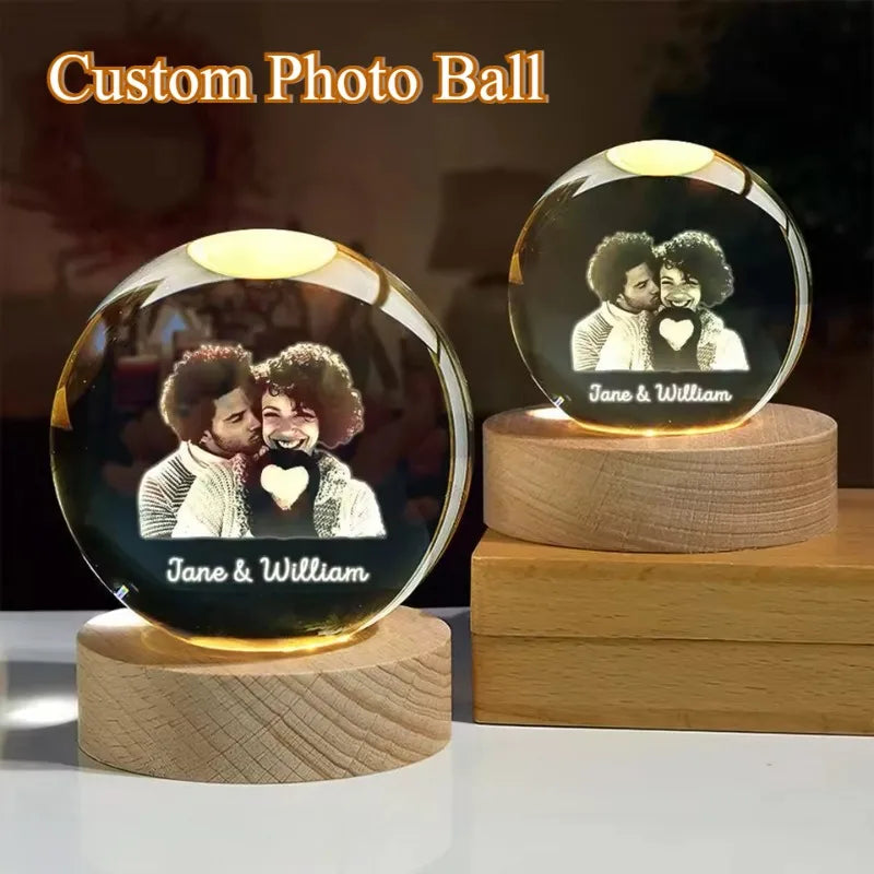 3D Custom Crystal Balls Holographic Photo Decor DIY Personalized Etched Engraved Crystal Ball with LED Wooden Base Birthday Gift