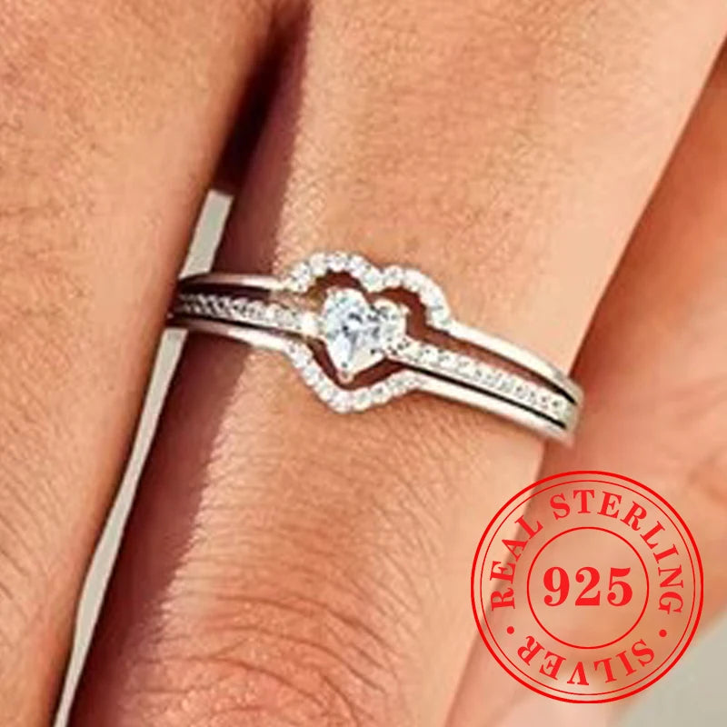 CAOSHI Romantic 925 Sterling Silver Ring with Sparkling Stones Heart Shaped Female Accessory Symbolic Love Token Wedding Jewelry