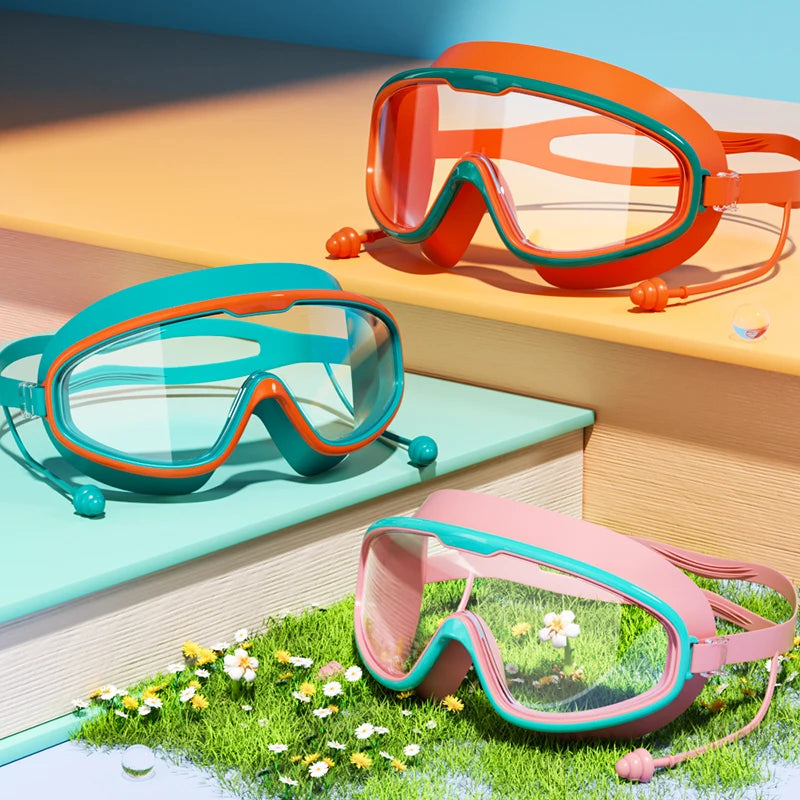 Kids Swimming Goggles with Big Frame, HD Lens and Anti-fog, Waterproof Children's Swim Goggles for Boys and Girls