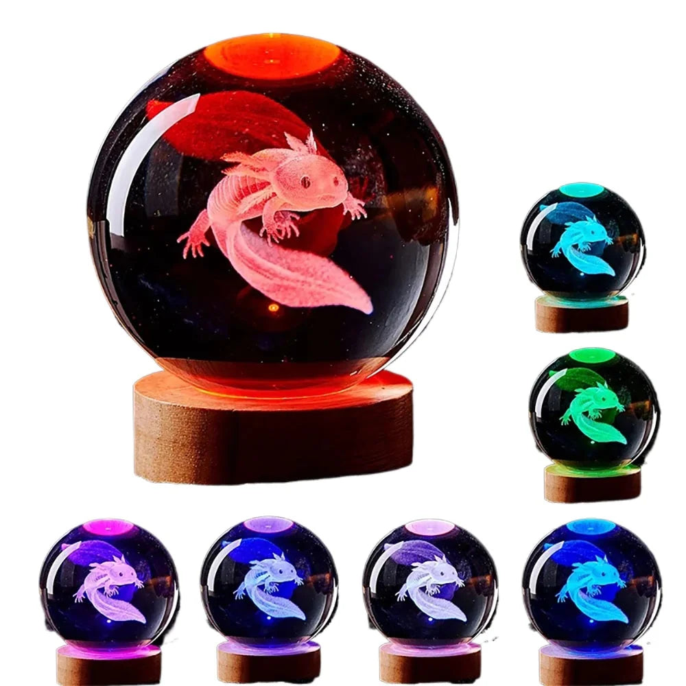 6cm Axolotl 3D Crystal Ball Laser Engraved Coloured Night Light Girlfriend Classmate Wife Children Birthday Gift Home Decoration