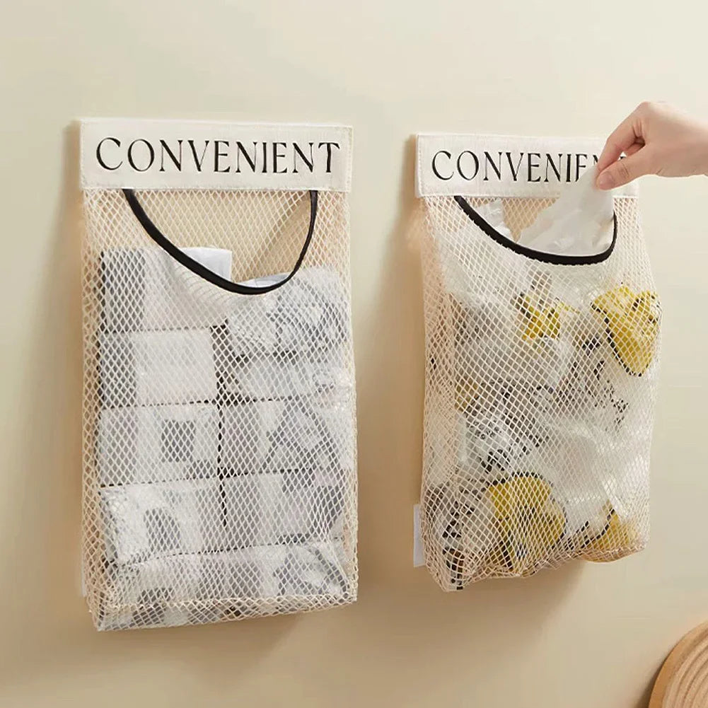 Wall Mount Mesh Storage Bag Garbage Bag Holder Plastic Shopping Bags Dispenser Sundries Bag net Storage Grocery Bag Organizer