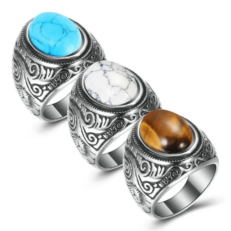 HNSP 316L Stainless Steel Natural Stone Ring For Men Vintage Jewelry Tiger Eyes Stone Rings Male Finger Accessory