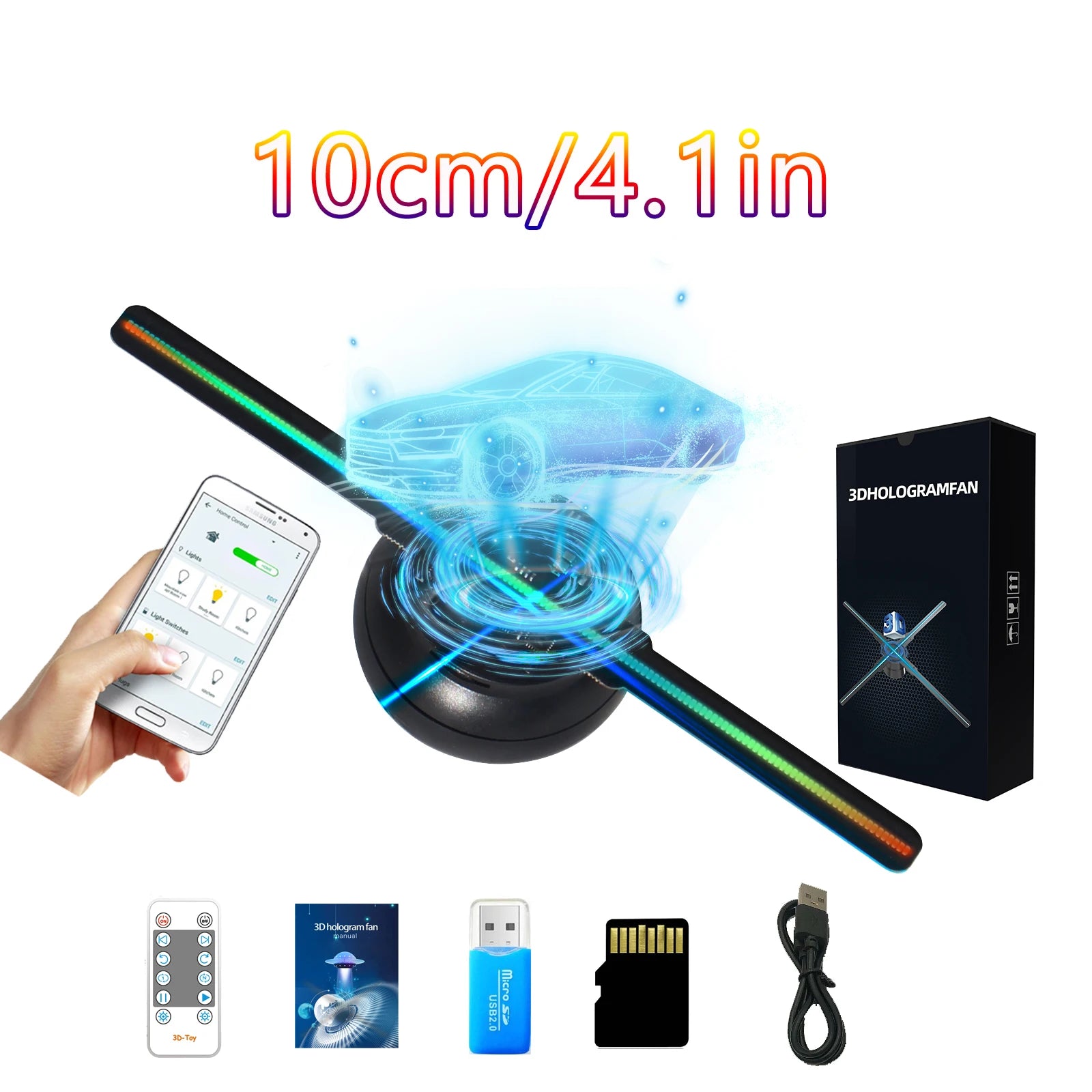 10cm/4.1in 3D hologram fan, 96 0603 LED beads holographic projector, HD flicker free screen with TF&APP control Halloween gift