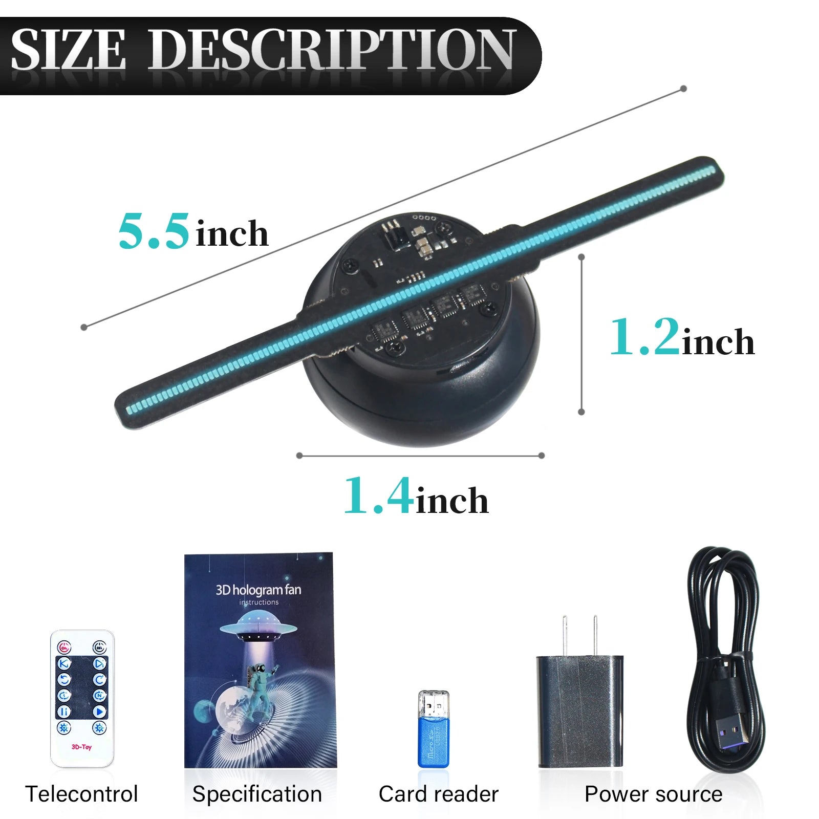 5.5in/14cm 3D hologram fan, 128 0603 LED beads holographic projector, HD flicker free screen TF&APP control Christmas Halloween