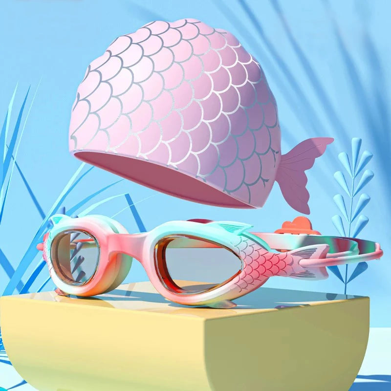 Children's swimming goggles; Waterproof and anti-fog silicone swimming cap swim cap goggles set; Underwater swimming goggles.