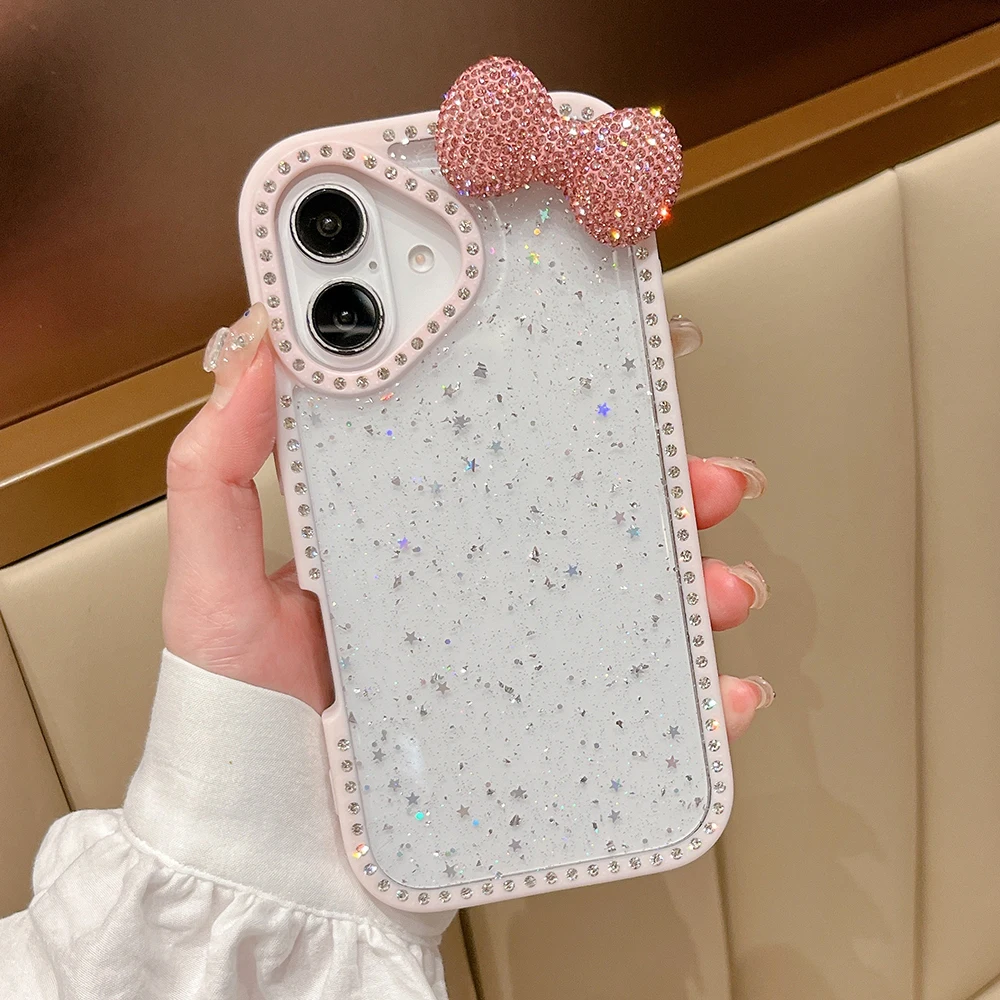 Cute Candy Color 3D Glitter Bow Phone Case For iPhone 16 15 14 13 Pro Max Transparent Shockproof Sequins Soft Silicone Cover