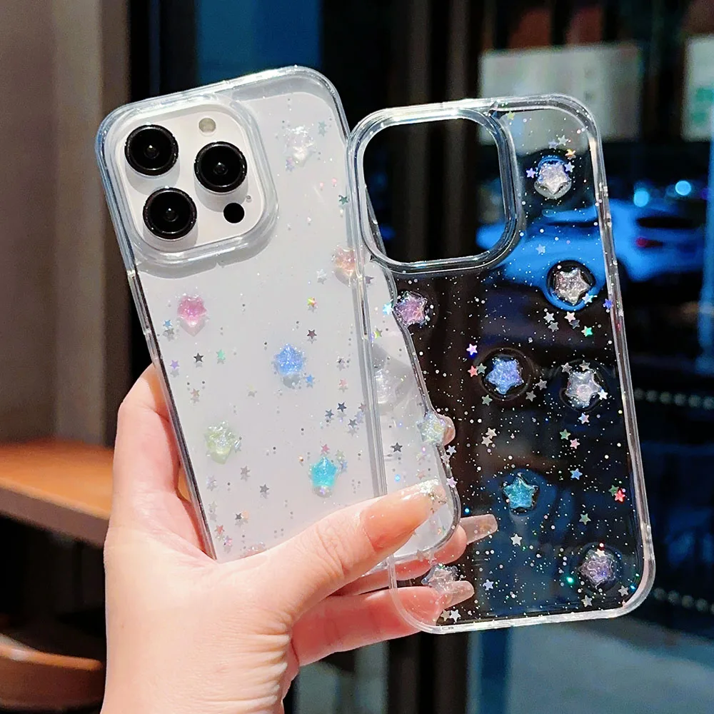 3D Crystal Star Luminous Noctilucent Stars Glitter Case For iPhone 16 15 14 Plus 13 11 12 Pro Max Plus Sequins Bling Clear Cover