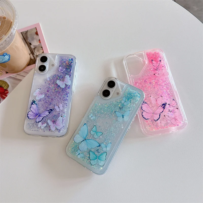 Butterfly Case Cover for iPhone 16 15 14 Pro Max Moving Hearts Quicksand Luminous Sequins Phone Shell Transparent Soft Fundas