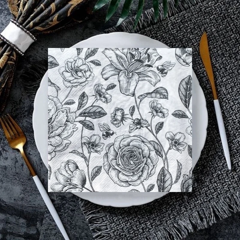 20Pcs/Bag Blue and White Porcelain Flower Decoupage Paper Black Green Paper Serviettes for Xmas Birthday Party Tableware Decor