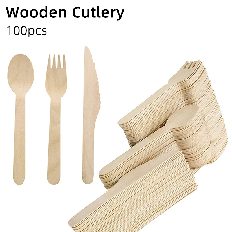 100Pcs 16cm Disposable Wooden Tableware Set Forks Spoons Knives Parties Weddings Cafes Environmentally Friendly Wooden Tableware