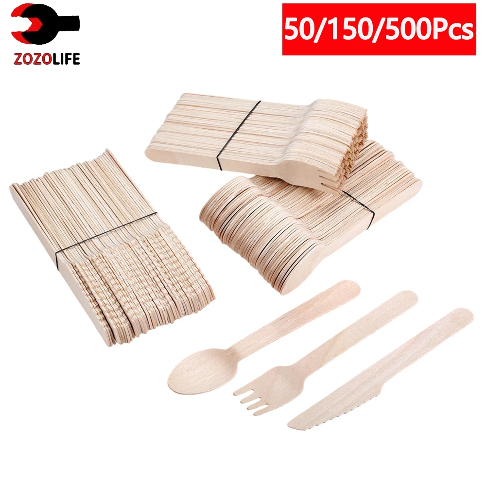 10/150/500Pcs Disposable Wooden Cutlery Forks/Spoons/Cutters Knife Party Supplies Kitchen Utensil Dessert Tableware Packing 16cm