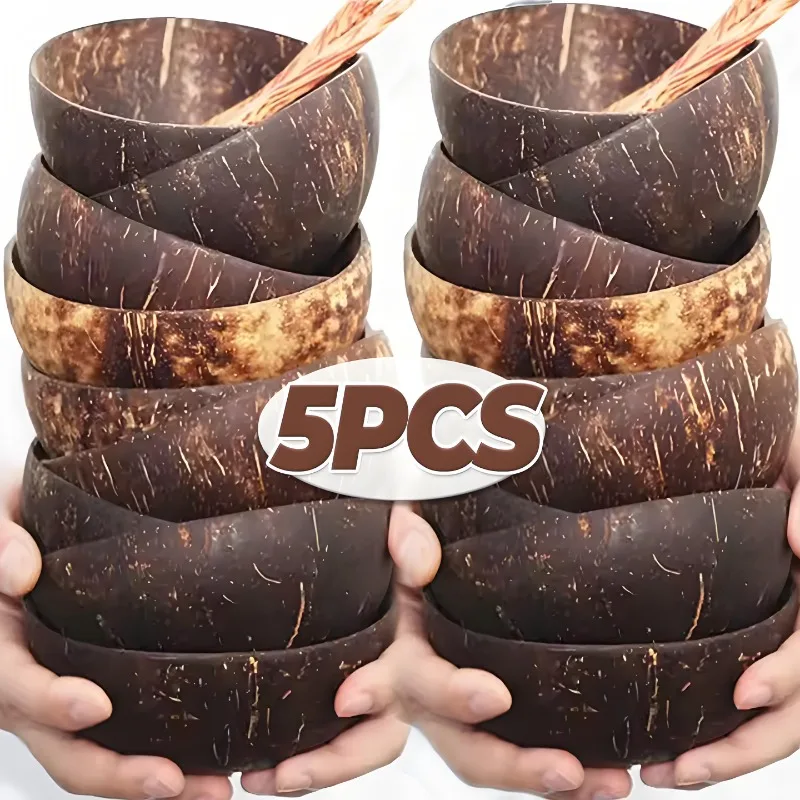 Natural Coconut Bowls for Serving Dishes Salad Oatmeal Yogurt Reusable Wooden Coconut Shell Bowl with Spoon Kitchen Tableware
