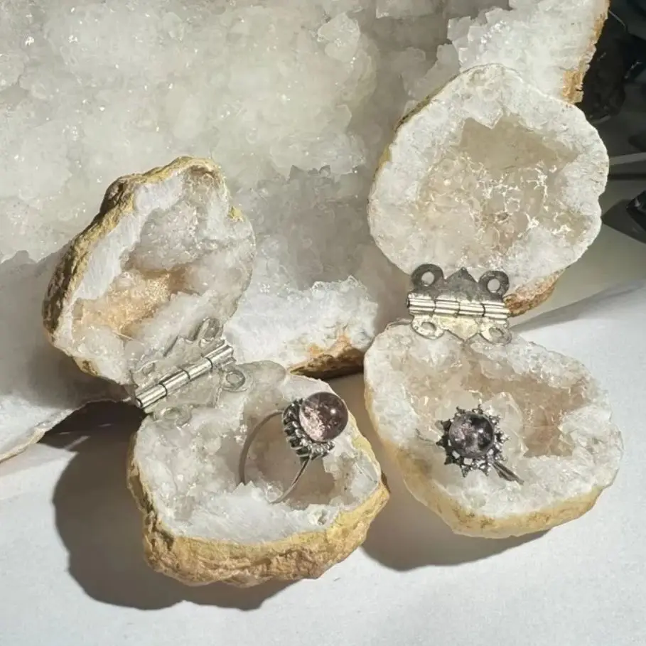 Natural Agate Geode Crystal Raw Stone Morocco Quartz Geode Ring Box Jewelry Earrings Storage Accessories Gift