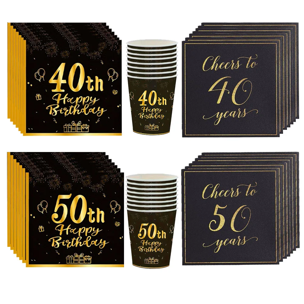 20/40/60/100/120pcs 40th 50th Birthday Napkins Black Gold Disposable Party Napkins Cups Men Women Birthday Decor Party Supplies