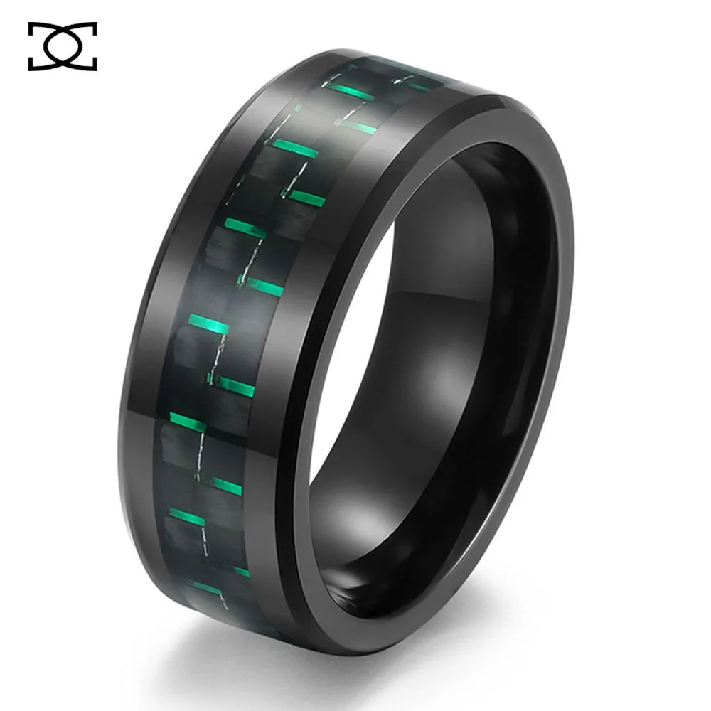 Black Tungsten Steel Inlaid Carbon Fiber Ring Men's Tungsten Gold Pure Black Temperament Wear Rings