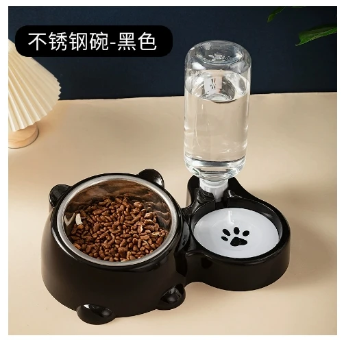 Cat bowl slanted mouth double bowl stainless steel automatic refilling pet bowl 2-in-1 drinking and feeding device