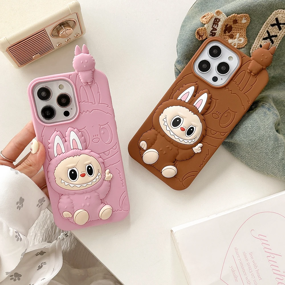Funny 3D Cartoon LaBubu Monsters Toy Cover For iPhone 16 15 14 13 12 Pro Max Soft Silicone Case Shockproof Phone Cases