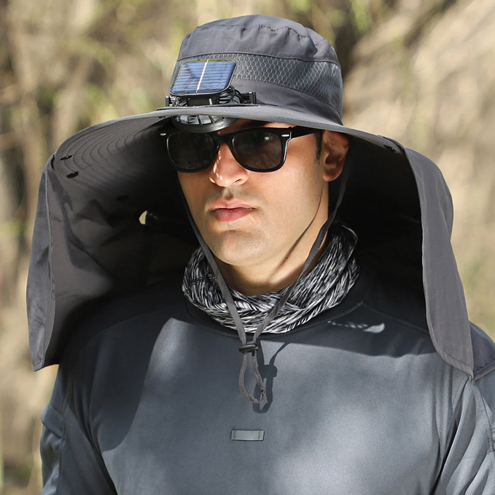 Solar Fan Hat with Neck Flap USB Rechargeable UV Protection Cooling Fan Fishing Hat Foldable Men Women Fisherman Hiking Sun Hat