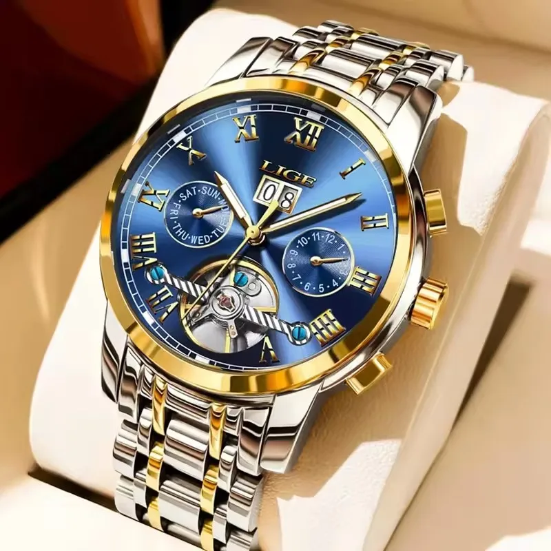 LIGE Brand Luxury Tourbillon Watch Men Fashion Business Men's Mechanical Wristwatches Waterproof Sport Automatic Watch For Men