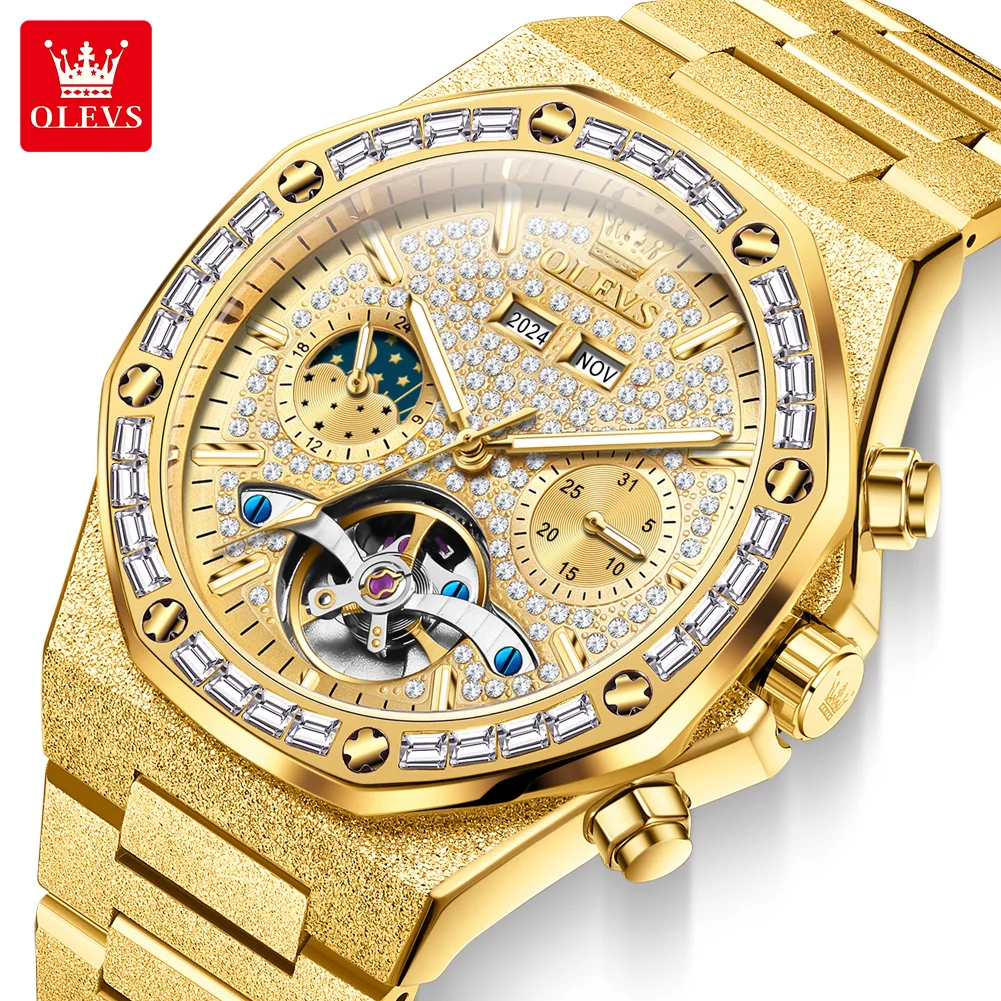 OLEVS Gold Steel Mens Watches Top Brand Automatic Mechanical Luxury Watch Sport Waterproof Tourbillon Wrist Watch Reloj Hombre