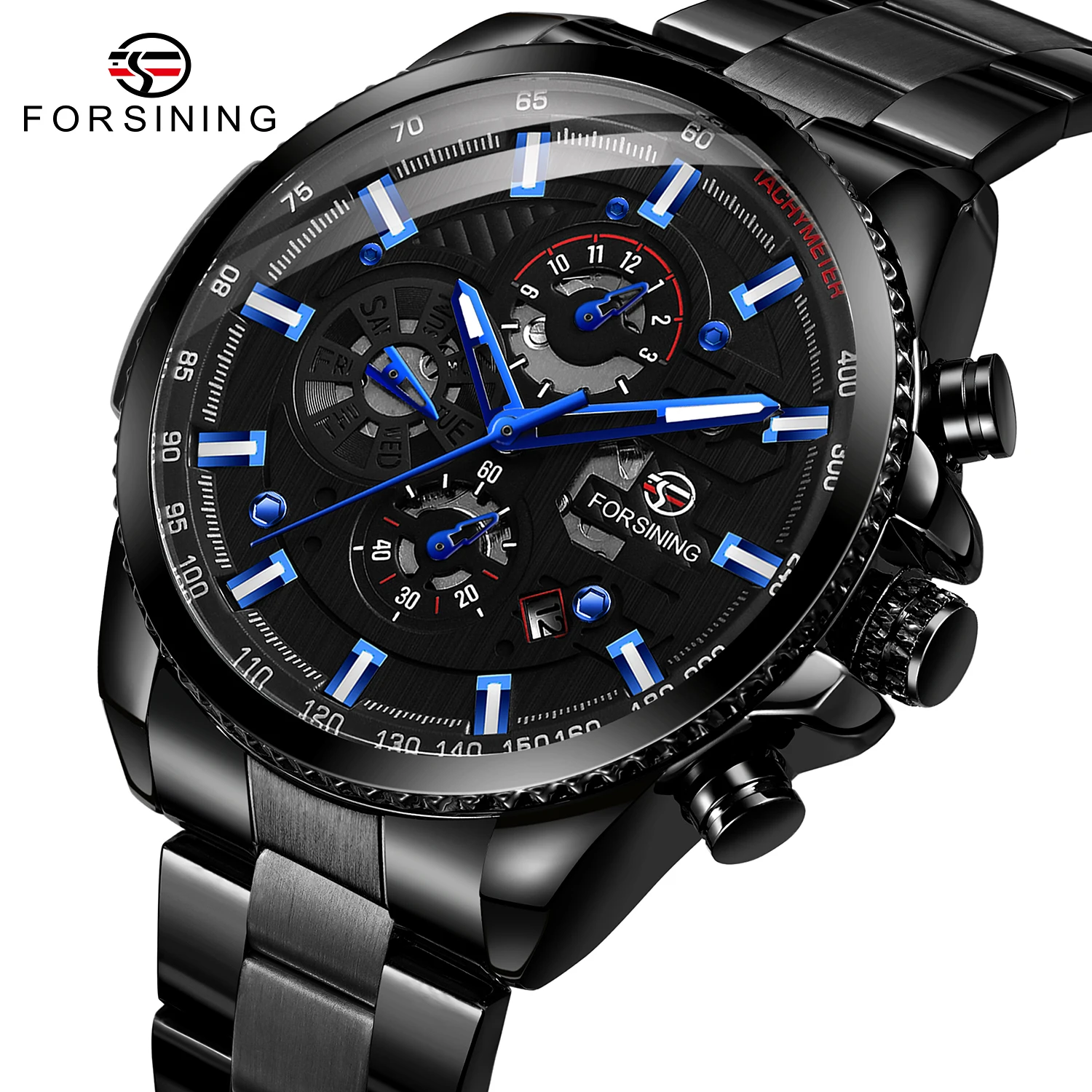 Sport Waterproof Luminous Blue Big Mechanical Watches Luxury Stainless Steel Men Watch Multifunctional Automatic Date Wristwatch