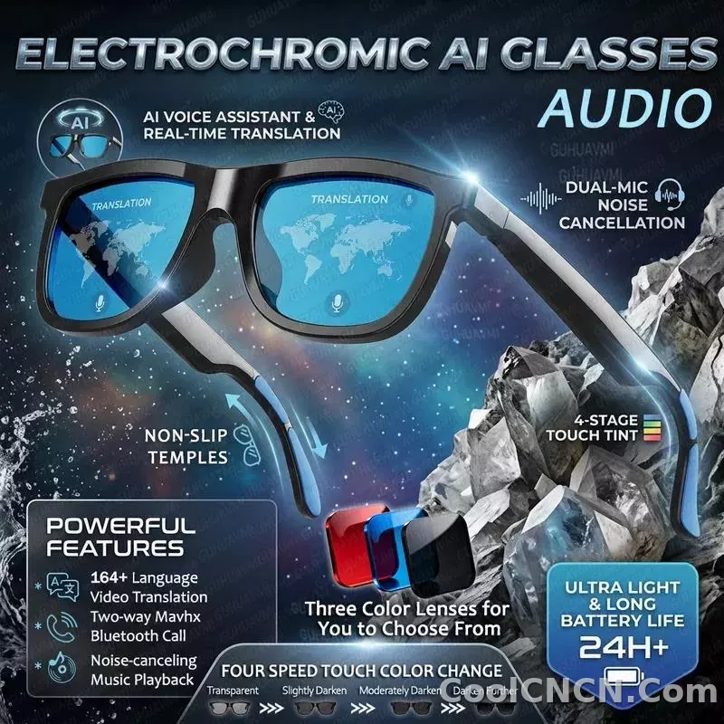 CoolWiz Cermin Mata Pintar Audio Lensa Elektrochromic Sentuhan 4 Kelajuan Baharu 164+Terjemahan Bahasa Panggilan Bluetooth Cermin Mata Hitam Muzik ChatGPT Untuk Sukan Luar dan Penggunaan Harian