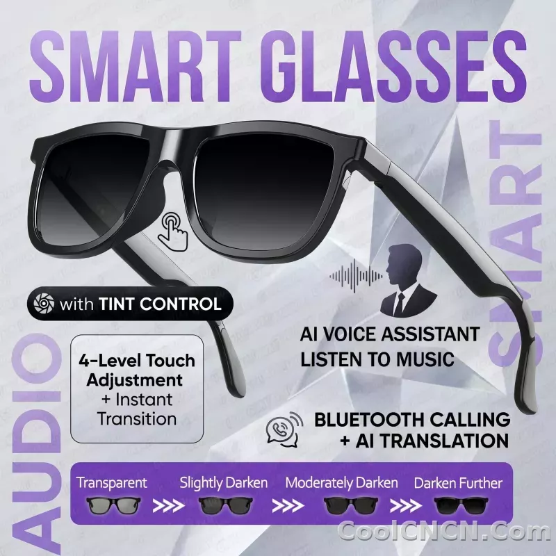 CoolWiz Cermin Mata Pintar Audio Lensa Elektrochromic Sentuhan 4 Kelajuan Baharu 164+Terjemahan Bahasa Panggilan Bluetooth Cermin Mata Hitam Muzik ChatGPT Untuk Sukan Luar dan Penggunaan Harian - detail