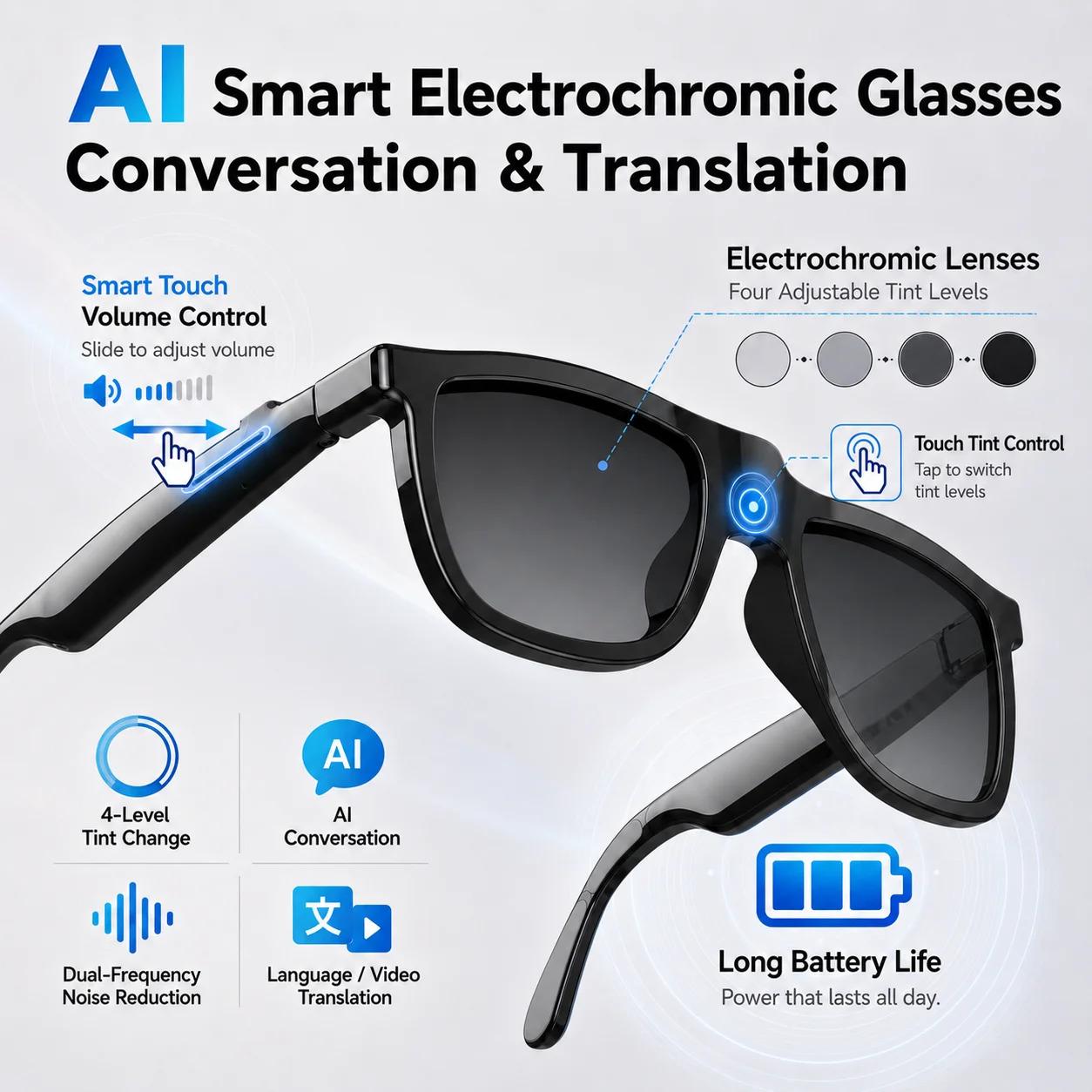 CoolWiz Cermin Mata Pintar Bluetooth 4 Tahap Elektrochromic AI Baharu ChatGPT 164+Terjemahan Bahasa Muzik Panggilan Bebas Tangan Cermin Mata Hitam Untuk Sukan Luar Penggunaan Harian - view 8