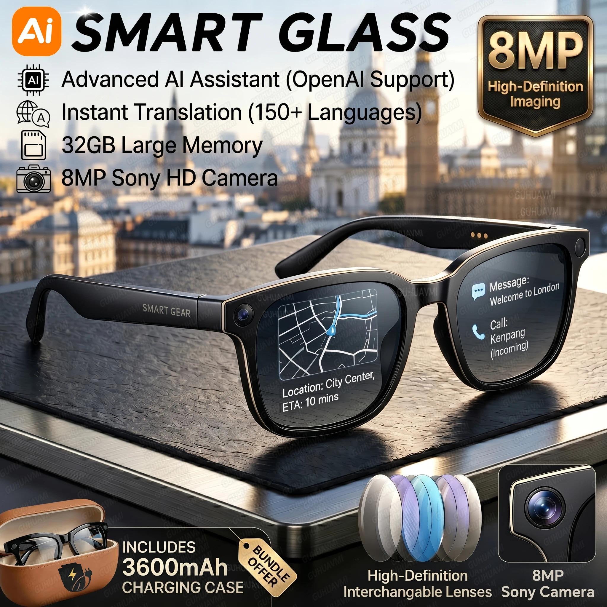 2026New 8MP 4K HD Camera AI Glasses Men 3600mAh Power Bank 32G Memory 160+ Translation Glasses Waterproof Smart Sunglasses Women