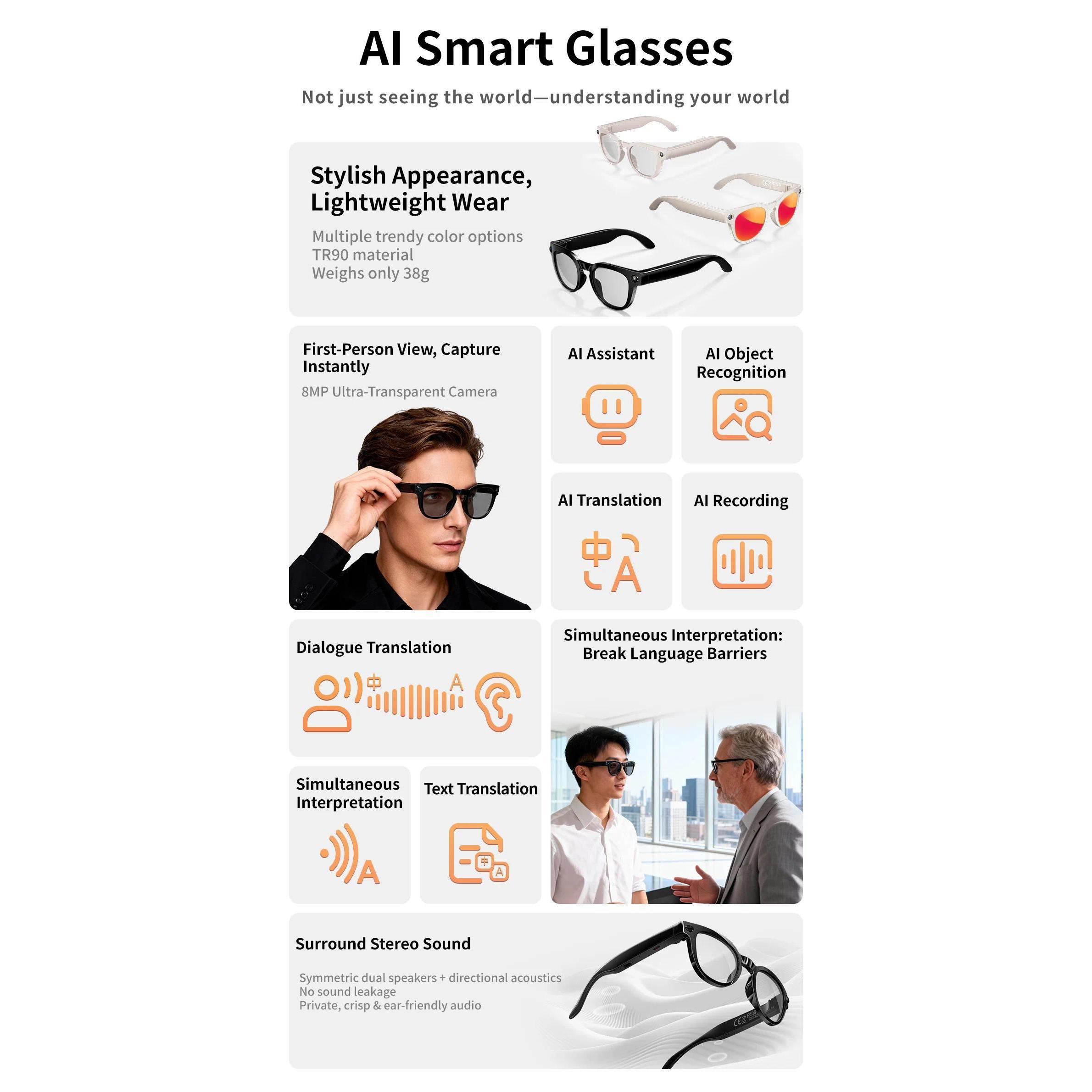 AI Smart Glasses 8MP HD Camera Video Recording AI Translation Voice Assistant TR90 Ultralight Bluetooth Call Music Smart Eyewear - view 3