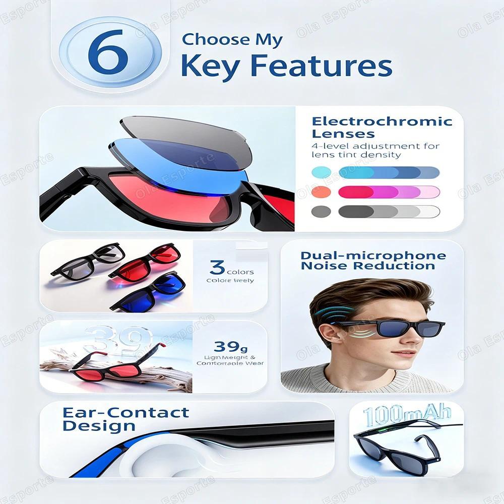 2026 Smart Audio Glasses Touch Control Color Changing Lens Dual Microphone Noise Reduction AI translation Bluetooth Sunglasses - view 3