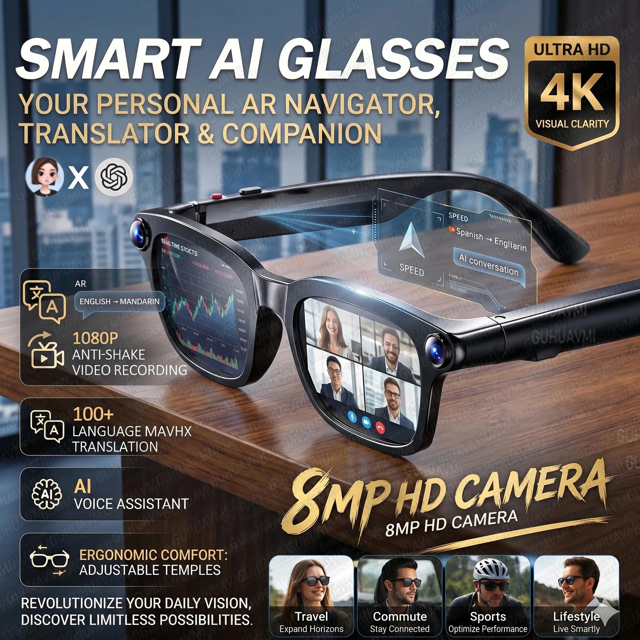 New Business Sports Smart Glasses Men 8MP Anti-shake Camera 100+Language Translation ChatGPT AI Assistant Video POV AI Sunglass