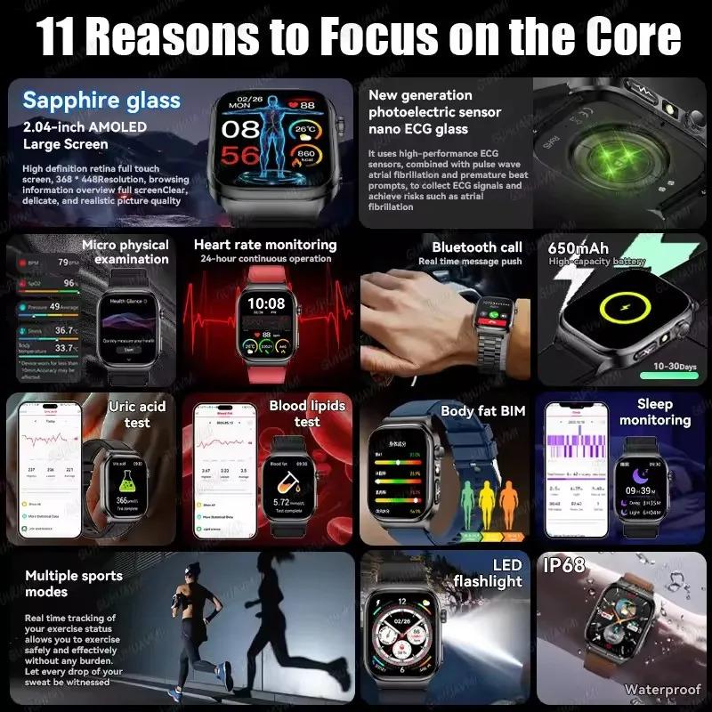 CoolWiz Health Blood Pressure ECG + PPG Monitor Smartwatch for Men — uric acid, blood fat, five organ monitoring, call capability, health tracker, compatible with iOS, suitable for outdoor sports and daily use - gallery