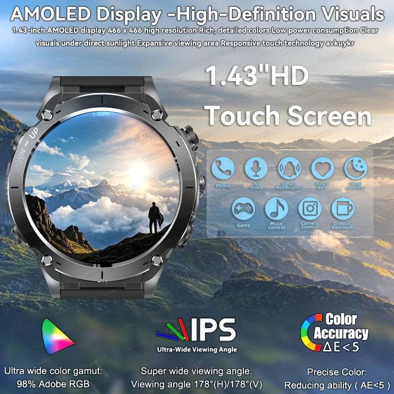 CoolWiz New Outdoor Military Smart Watch for Men with GPS, 3 ATM water resistance, AMOLED sports mode, 730 mAh battery, compass; fitness smartwatch for daily outdoor sports use - gallery