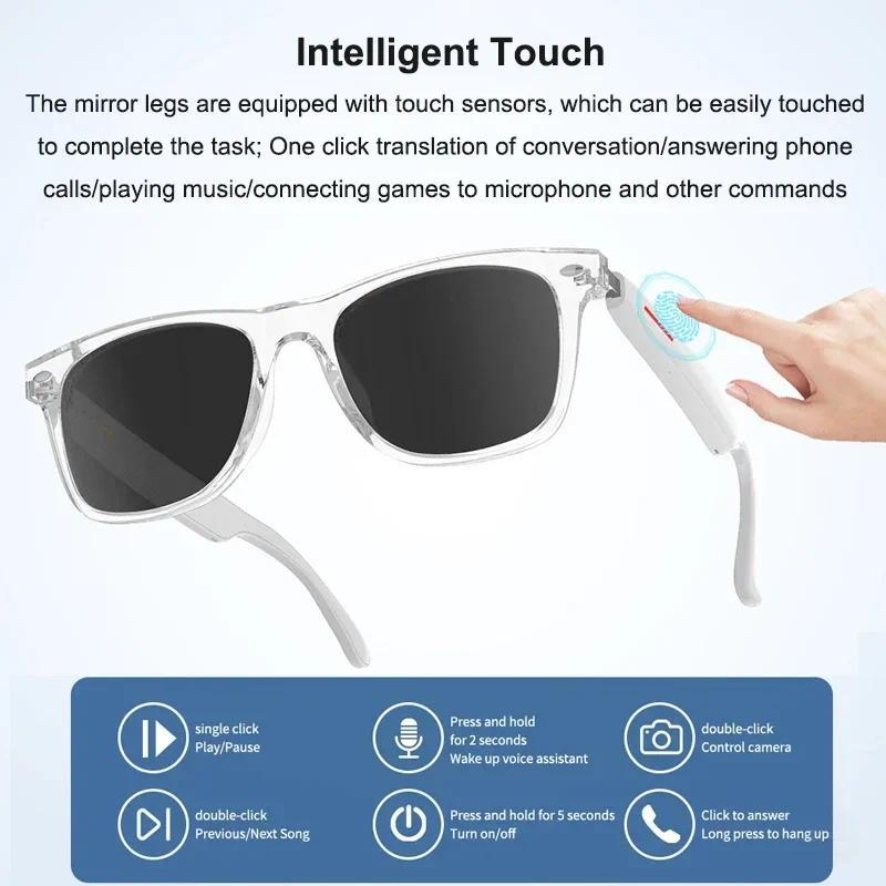 AI Real-time Translation Smart Glasses Wireless Bluetooth Call & Voice Assistant Touch Control Glasses with Mic Speaker Earphone Automatic Wearable Water Proof Chargeable D Style Full Frame
