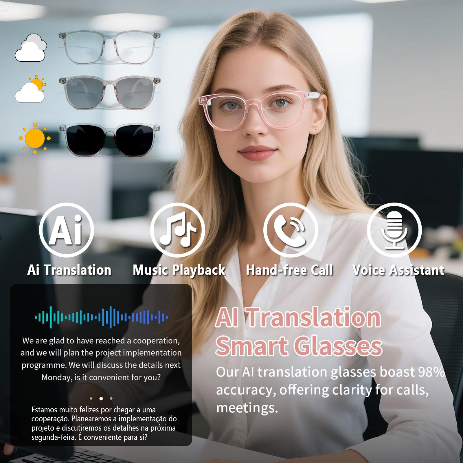 Smart AI translation audio glasses, real-time app translation in over 160 languages, light-sensitive color-changing lenses Wearable White