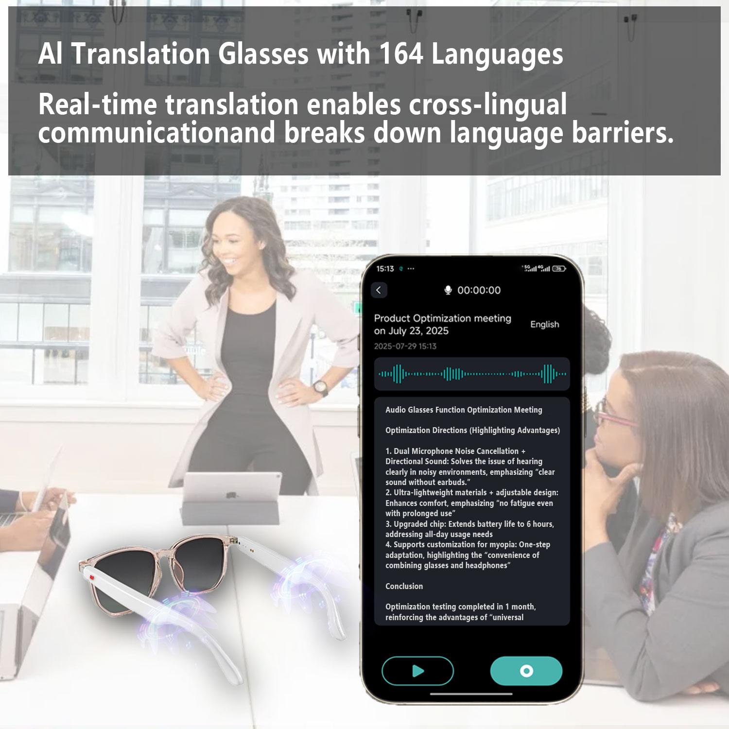 Smart AI translation audio glasses, real-time app translation in over 160 languages, light-sensitive color-changing lenses Wearable White